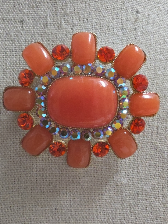 Jewelry - Vintage Oval Orange Cabochon Rhinestone and Aurora Borealis Brooch